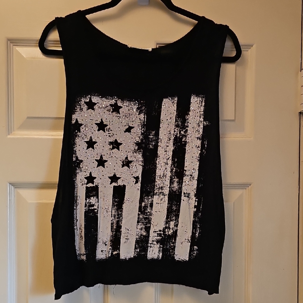 Janette Plus Black and White Distressed Flag Muscle Tee
